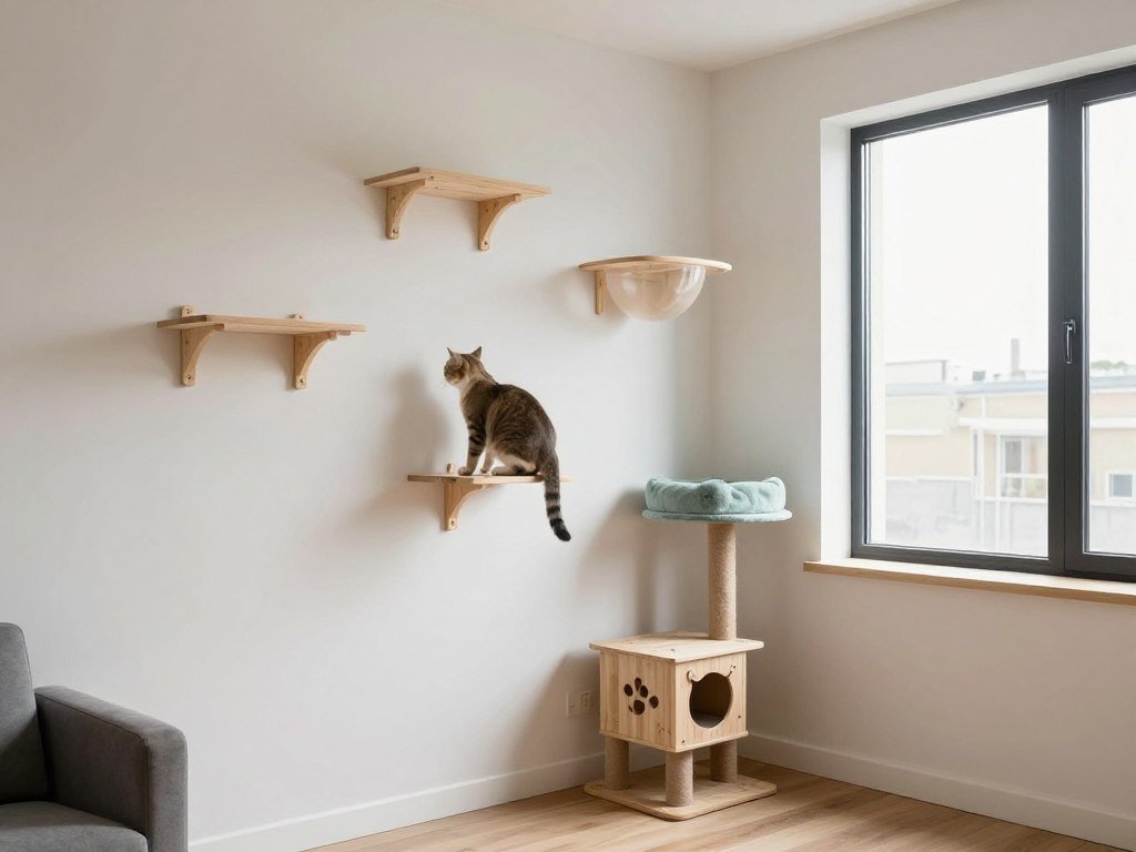 A compact apartment with cleverly integrated cat furniture showing space-efficient solutions for the future of domestic cat life