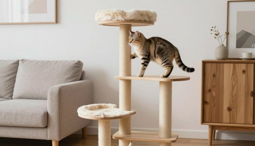 A domestic cat climbing on a tall cat tree, demonstrating the natural climbing behavior that reflects their wild instincts and the future of domestic cat life