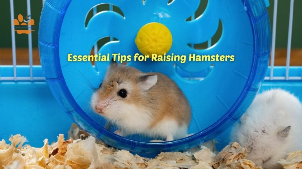 A light brown hamster spins a blue wheel, next to a white hamster, both placed inside their own cage.