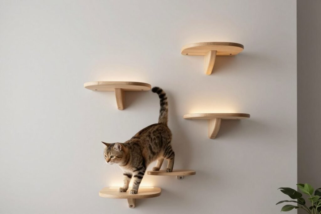 A modern smart climbing wall for cats that represents the future of domestic cat life with integrated technology
