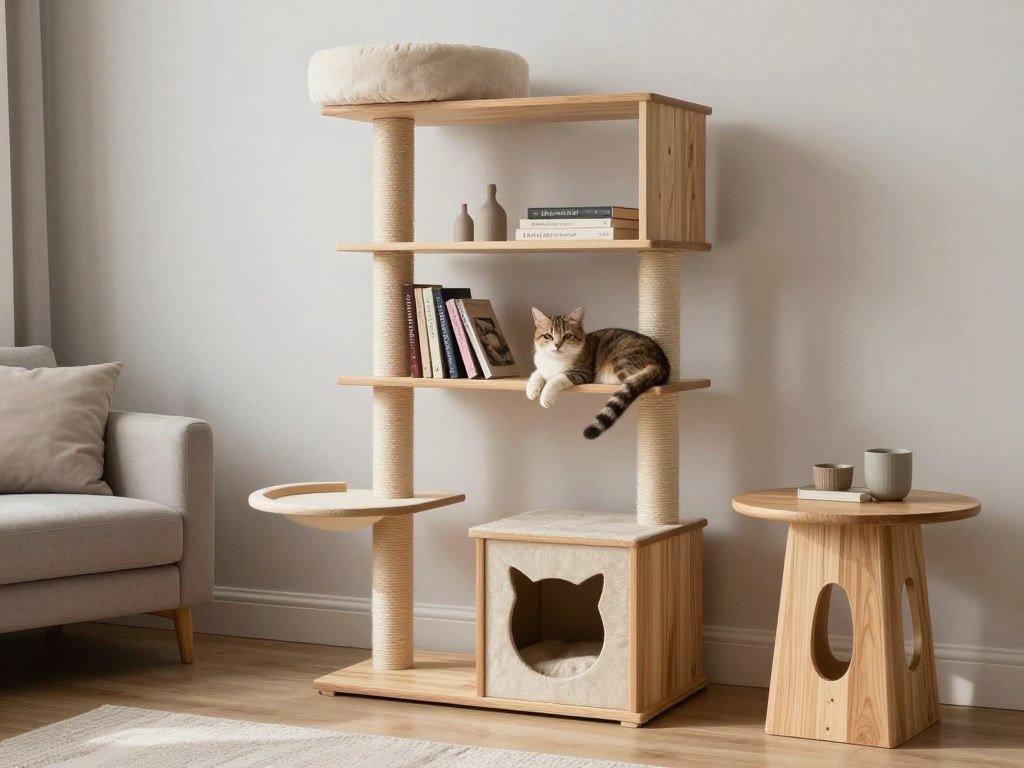 A multifunctional cat tree that serves both human and feline needs, showing the future direction of domestic cat life