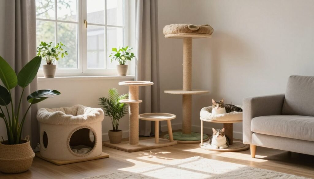 A peaceful cat sanctuary area in a home with multiple resting spots at different heights, exemplifying the future of domestic cat life