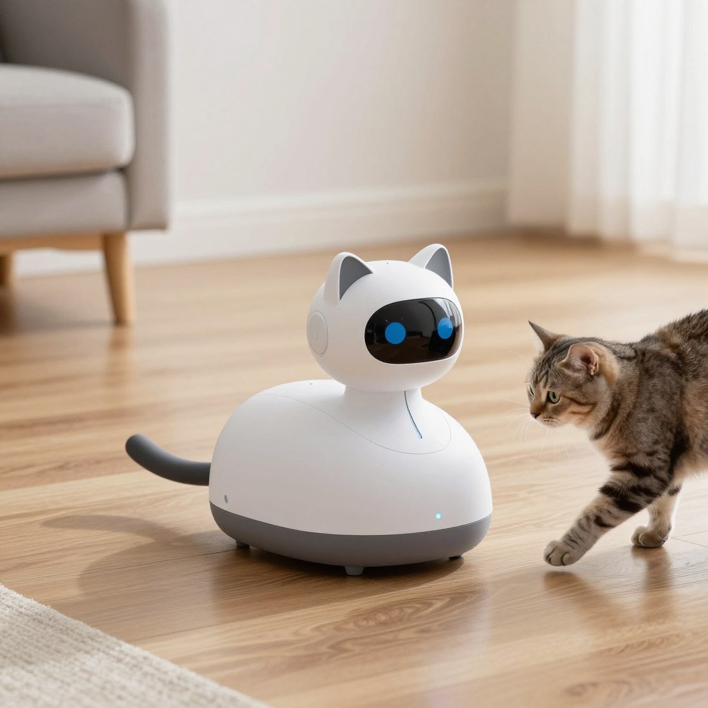 A robotic sensory toy engaging a domestic cat, showing technological advances in the future of domestic cat life
