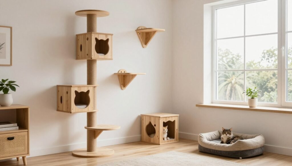 A stylish living room with integrated cat furniture that blends with the decor, showing the harmonious future of domestic cat life