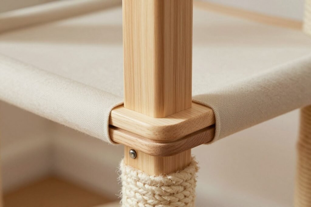 Close-up of high-quality cat furniture materials and construction details, highlighting durability aspects important for the future of domestic cat life