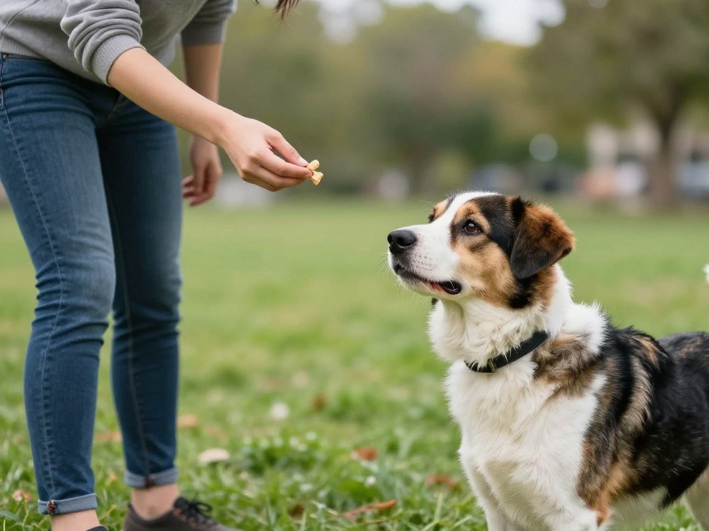 Dog owner using treats for training while dog is distracted