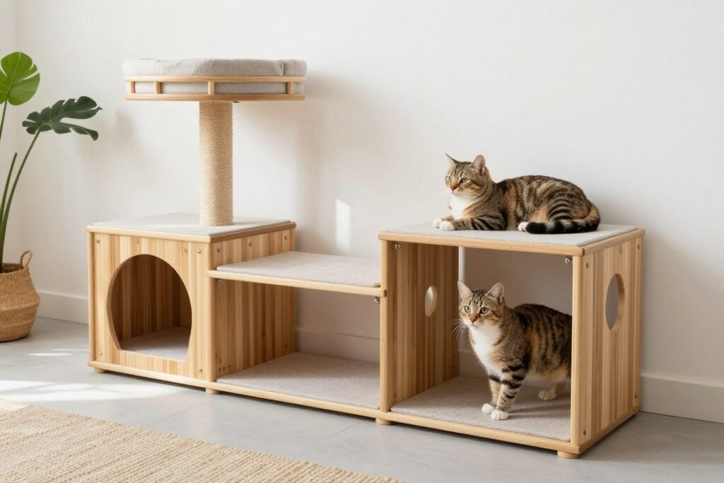 Eco-friendly modular cat furniture made from sustainable materials, representing environmentally conscious trends in the future of domestic cat life