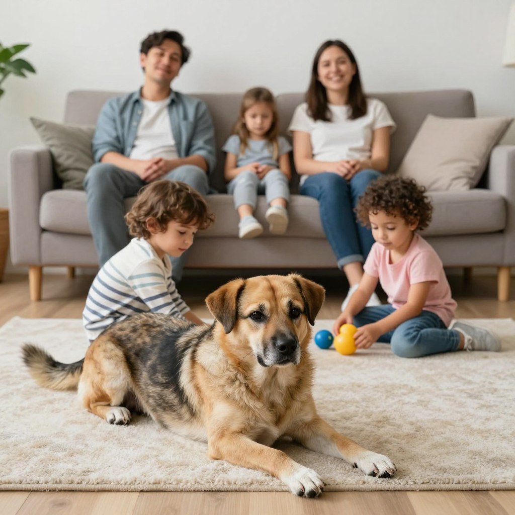 Family with children and a well-behaved dog after completing dog training program