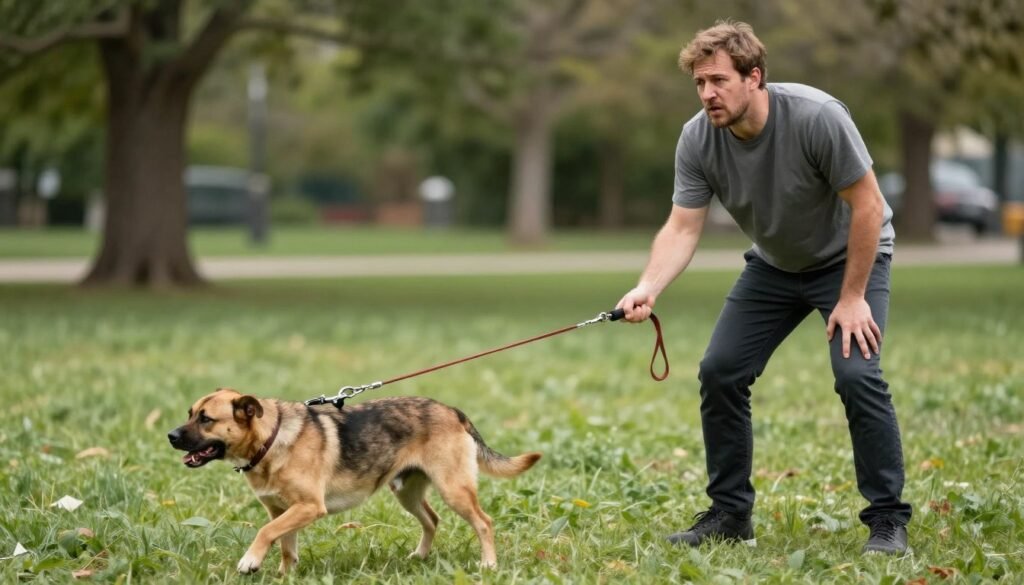 Frustrated dog owner trying to control pulling dog on leash during dog training