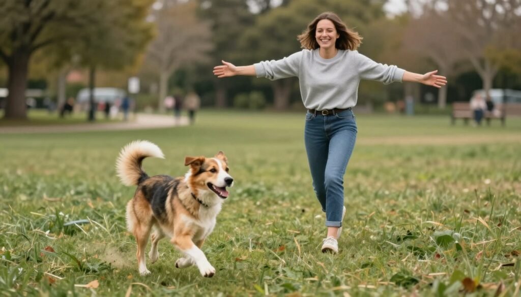 Happy dog owner enjoying perfect off-leash recall in park after successful dog training