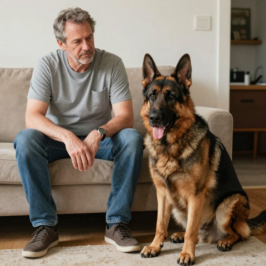 Man with calm German Shepherd that previously showed aggression
