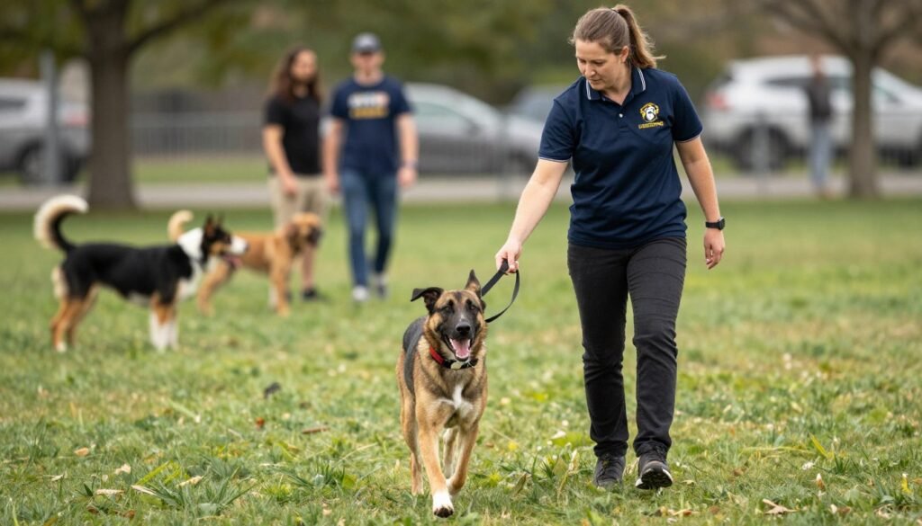 Professional dog trainer demonstrating perfect recall with off-leash dog during dog training session