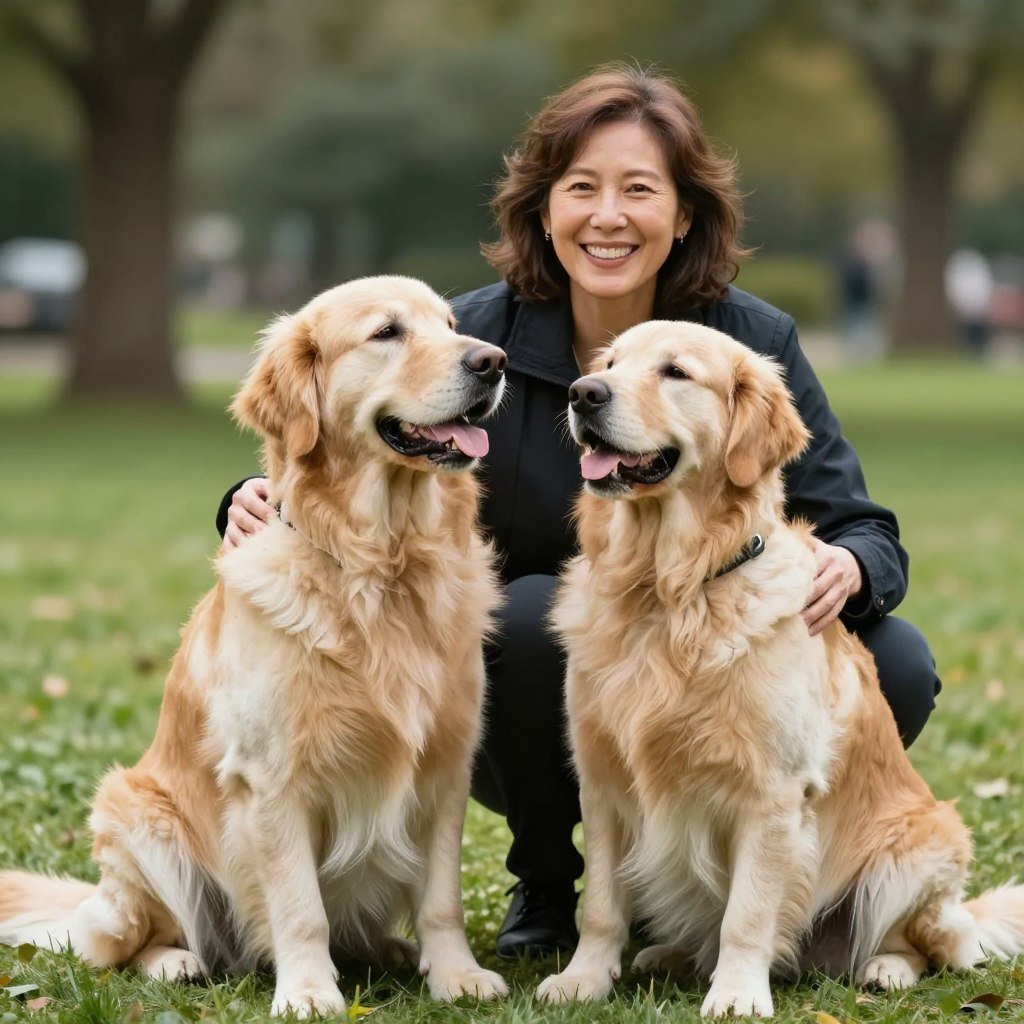 Woman smiling with well-behaved Golden Retriever after successful dog training