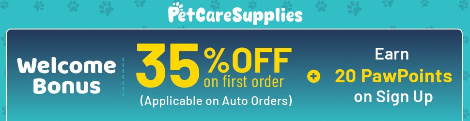 PetCareSupplies Welcome Bonus banner 35% OFF on first auto-order and 20 PawPoints on sign up.