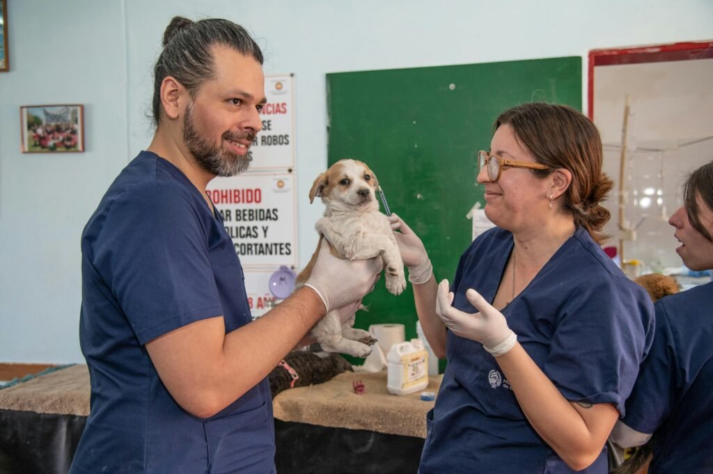 a man holding a small dog in a room