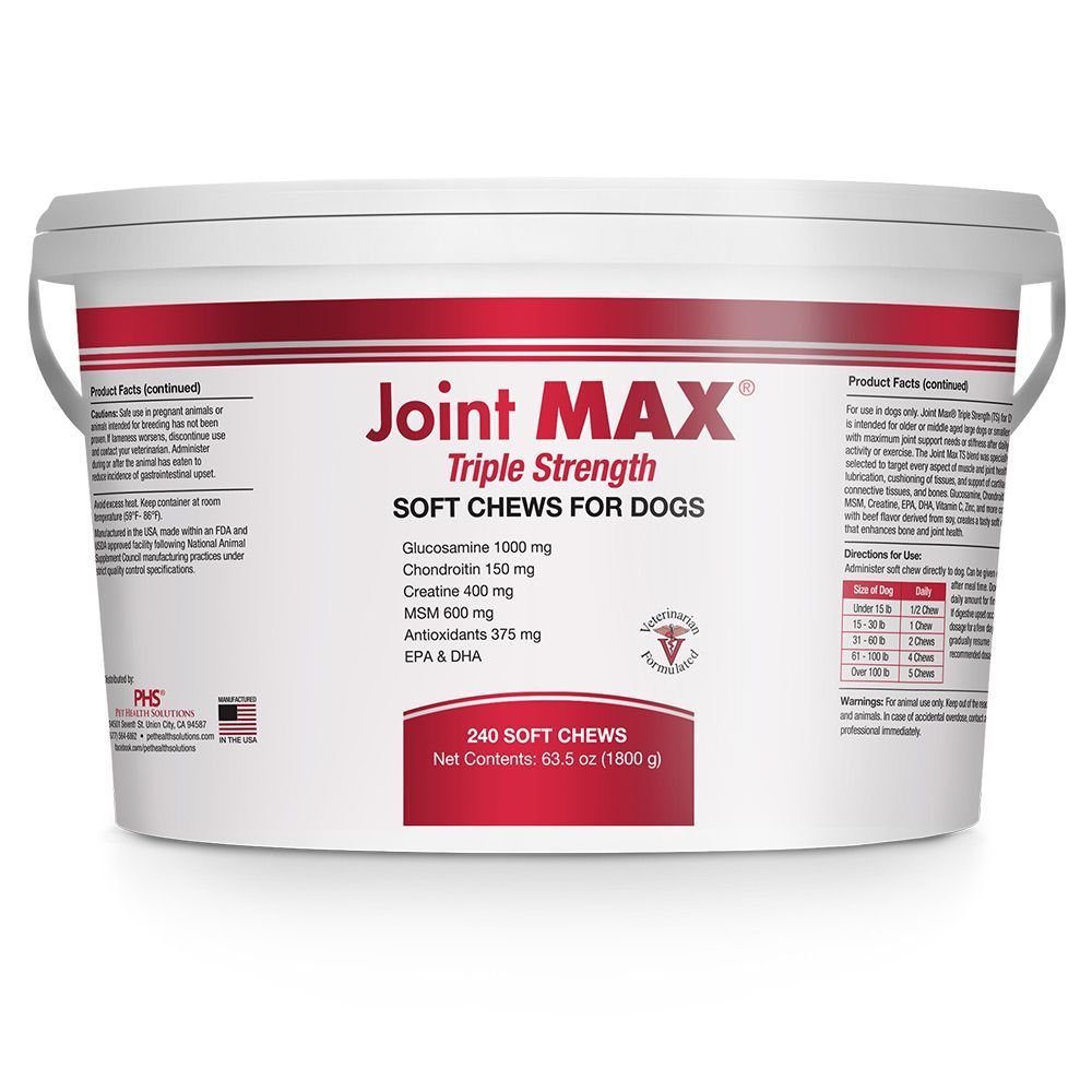 Joint MAX Triple Strength soft chews for dogs 240 count tub for joint and muscle health.