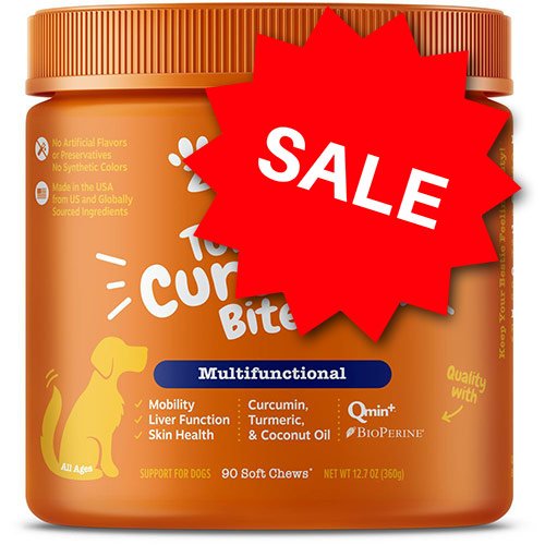 Multifunctional Curcumin Bites for dogs 90 soft chews for mobility and skin health on sale.