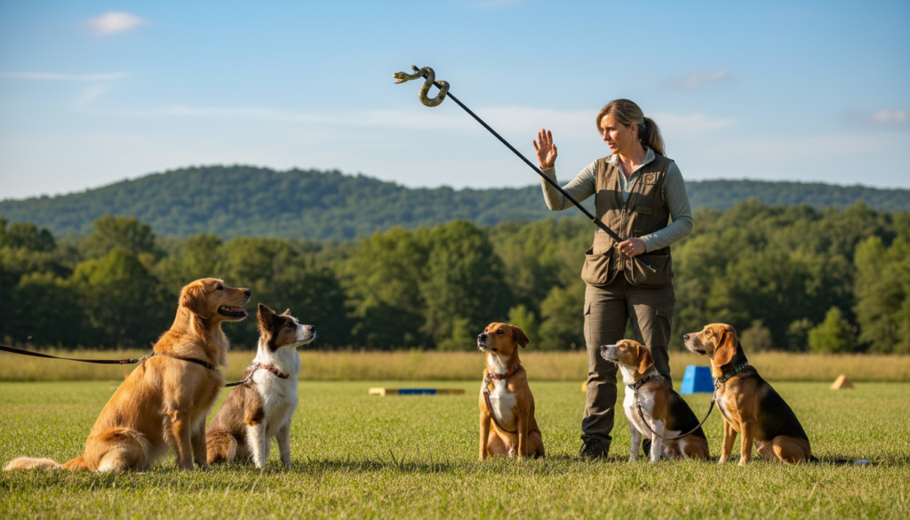 A professional snake awareness program in action, set in a bright outdoor training area. In the foreground, a dog trainer, dressed in modest casual clothing, demonstrates snake avoidance techniques to a group of attentive dogs. The trainer holds a training pole with a lifelike rubber snake at the end, demonstrating the proper response. In the middle ground, several dogs of various breeds are sitting or standing attentively, showing eagerness to learn. The background features a lush green landscape with trees and a clear blue sky, providing a serene atmosphere. Soft, natural lighting illuminates the scene, highlighting the trainer’s focused expression and the curious faces of the dogs, creating a mood of education and awareness.