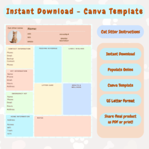 Printable Cat Sitter Notes & Care Guide | Editable Canva Template